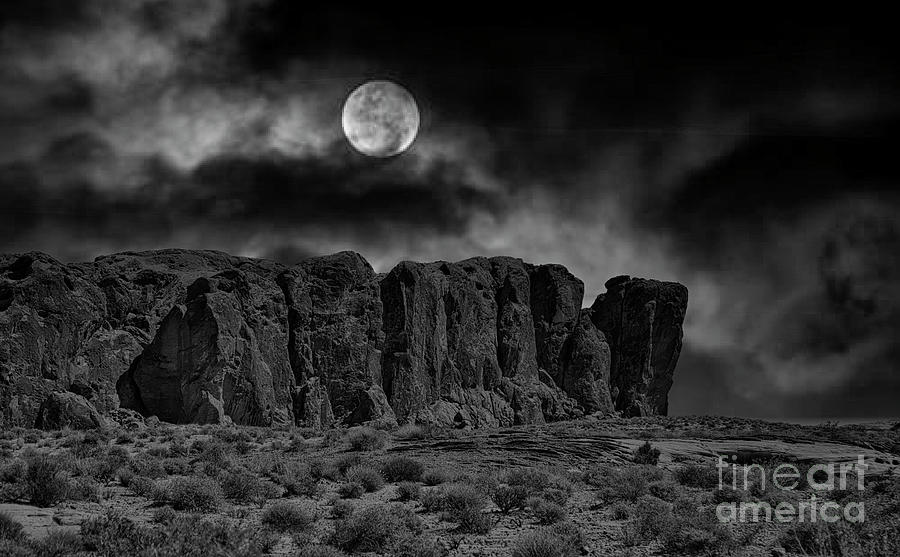 Las Vegas Photograph - Valley of Fire Black White Super Moon by Chuck Kuhn