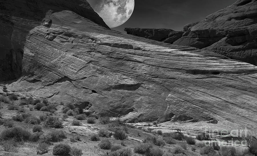 Valley of Fire Nevada Super Moon Black White  Photograph by Chuck Kuhn