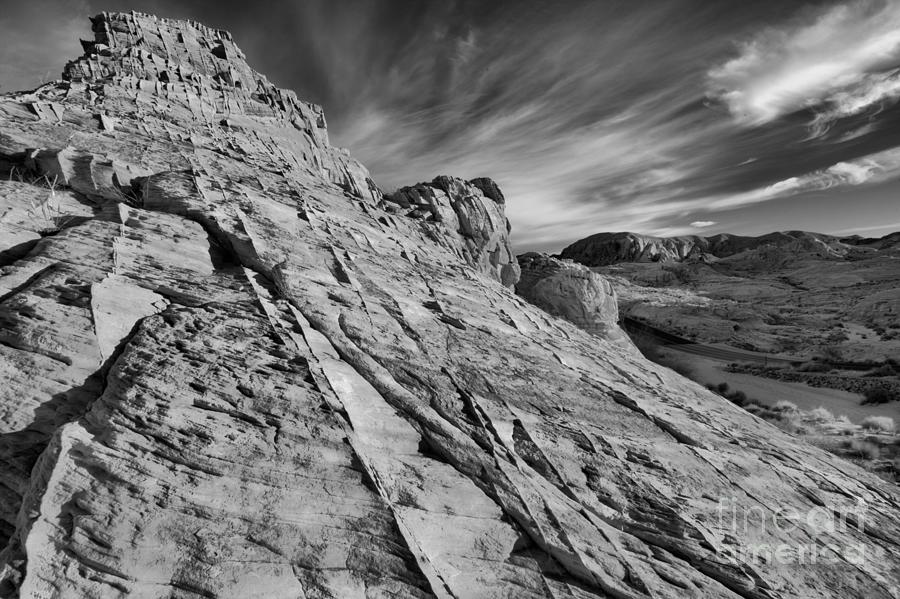 Valley Of Fire Towering Butte Black And White Photograph by Adam Jewell