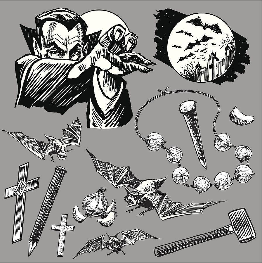 Vampire Dracula Collection with Bats for Halloween Drawing by KeithBishop