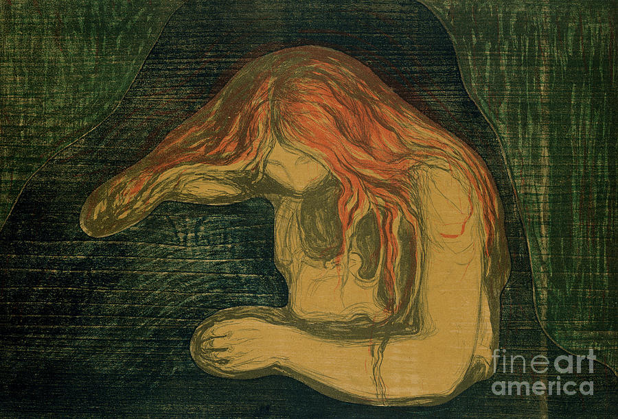 Vampire, lithograph and woodcut Painting by Edvard Munch