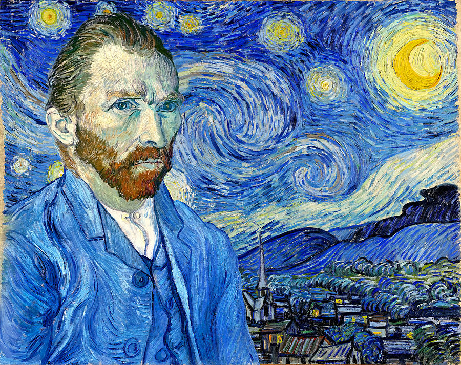 Van Gogh self-portrait in front of the Starry Night - digital recreation Digital Art by Nicko Prints