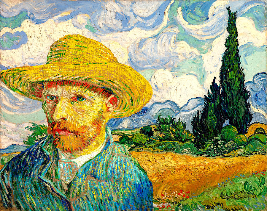 Van Gogh Self-Portrait with Straw Hat in front of Wheat Field with Cypresses Digital Art by Nicko Prints