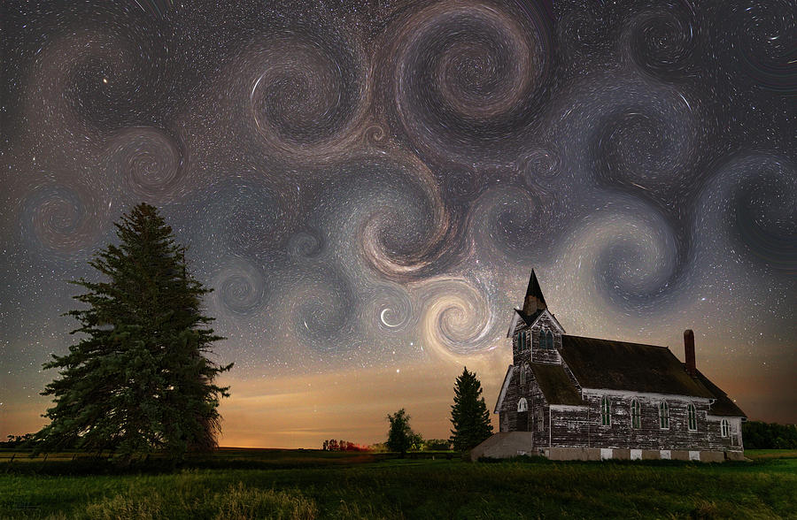 Van Gogh Starry Night at the Big Coulee Church in rural ND Photograph by Peter Herman