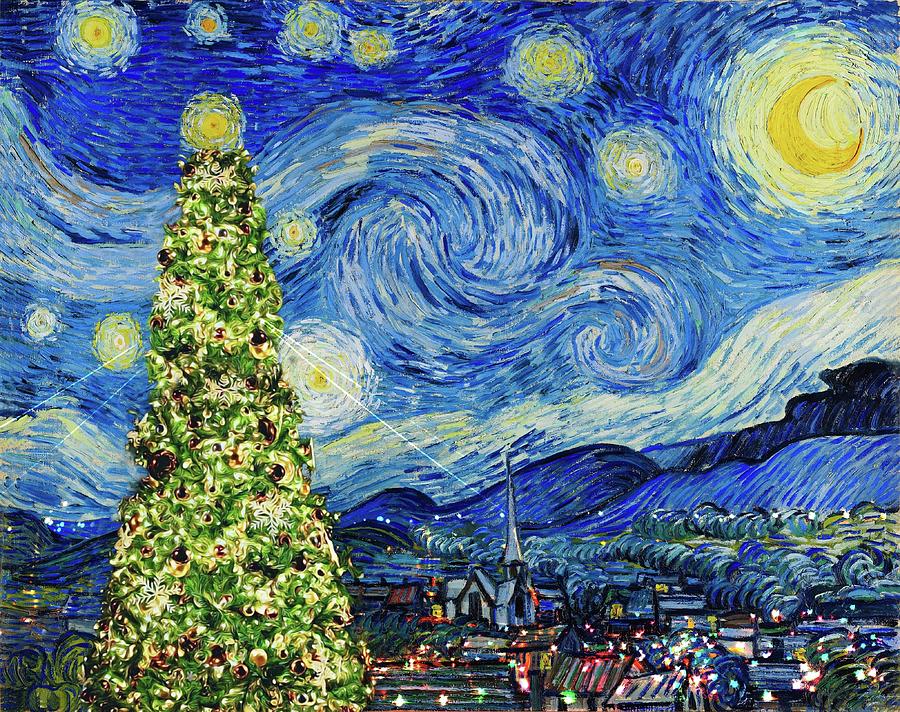 Van Gogh Starry Night - Christmas Tree Painting by Julia Redford - Pixels