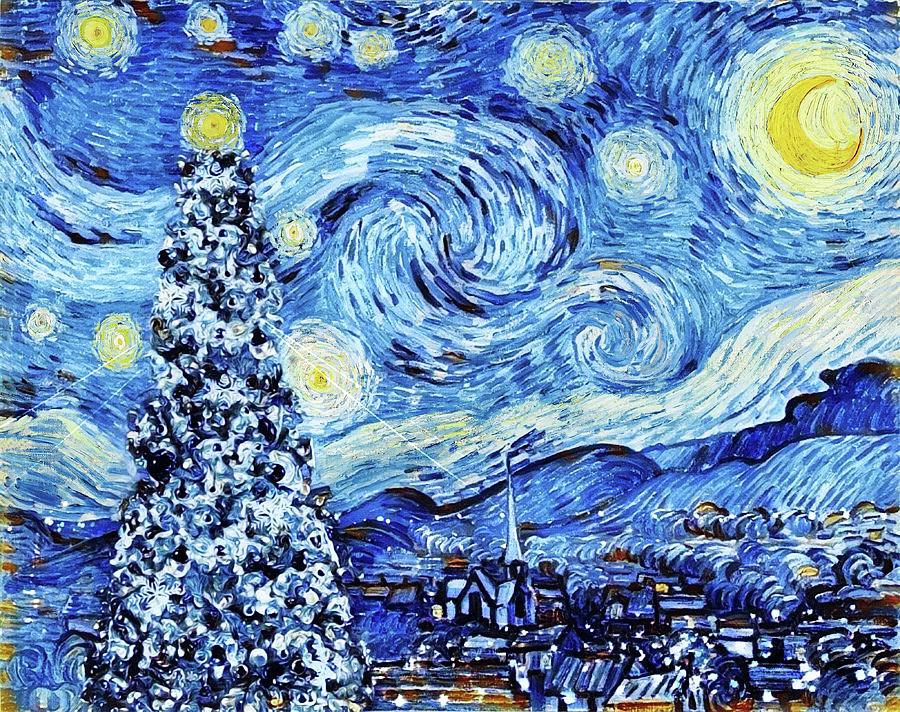 Van Gogh Starry Night - White Christmas Painting by Julia Redford
