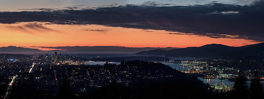 Vancouver and North Vancouver Sunset Panorama Photograph by Michael Russell
