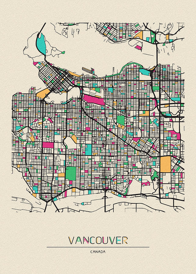 Memento Movie Drawing - Vancouver, Canada City Map by Inspirowl Design