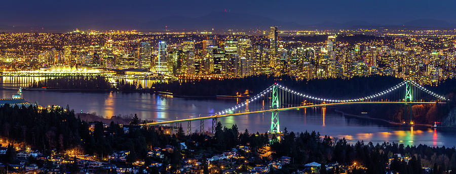 Vancouver City With Lions Gate Bridge At Twilight Photograph