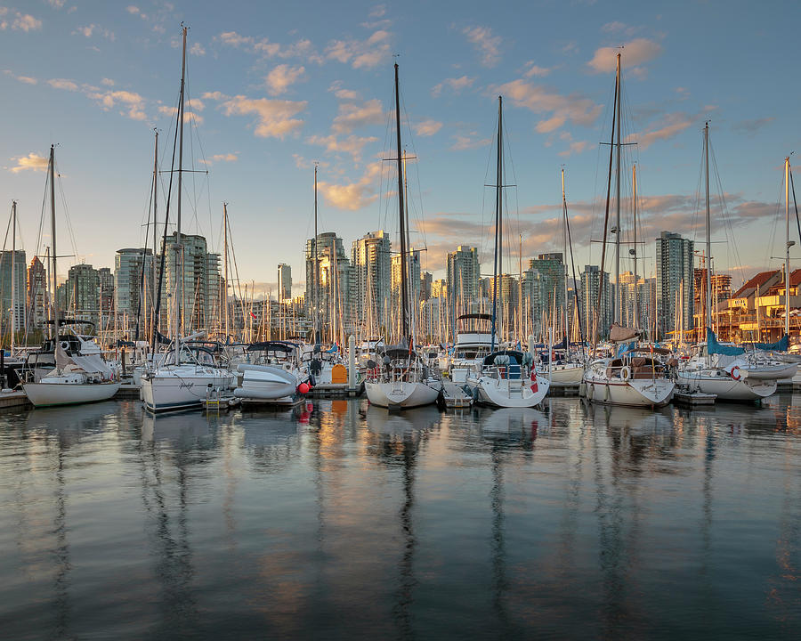 Vancouver Skyline and Sailboats at Dusk Photograph by Adam Romanowicz