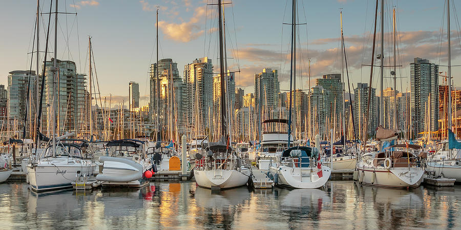 Vancouver Skyline and Sailboats at Dusk Panoramic Photograph by Adam Romanowicz