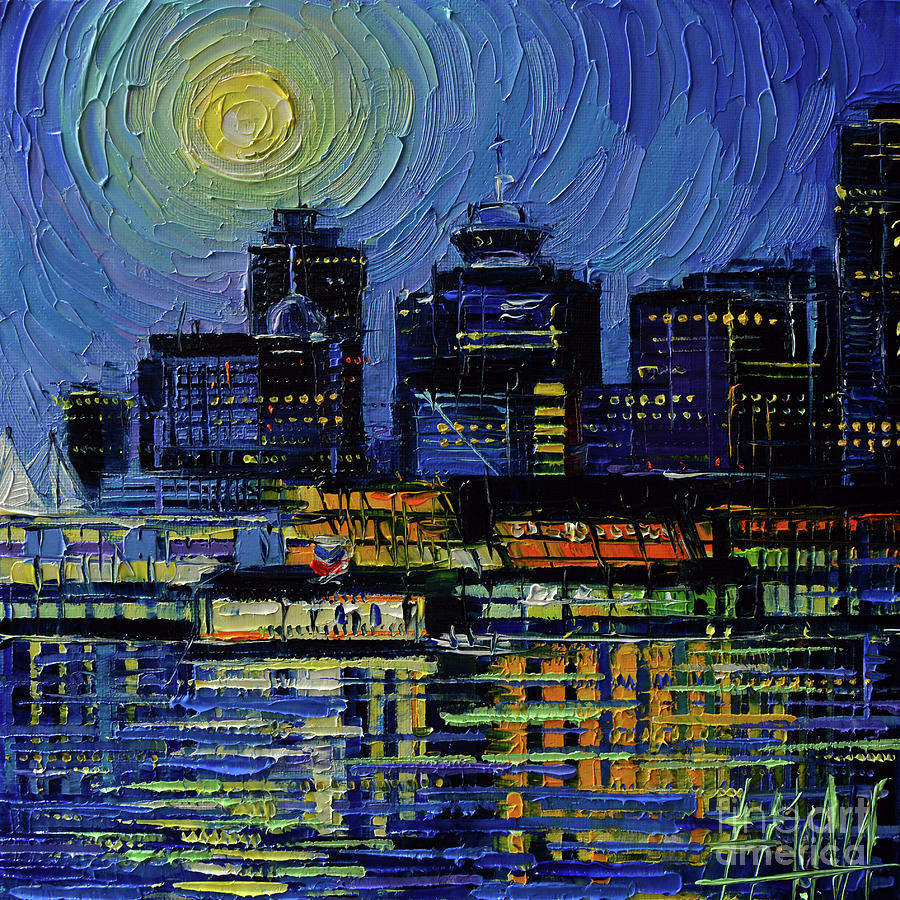 Impressionism Painting - VANCOUVER SKYLINE AT NIGHT palette knife oil painting Mona Edulesco by Mona Edulesco