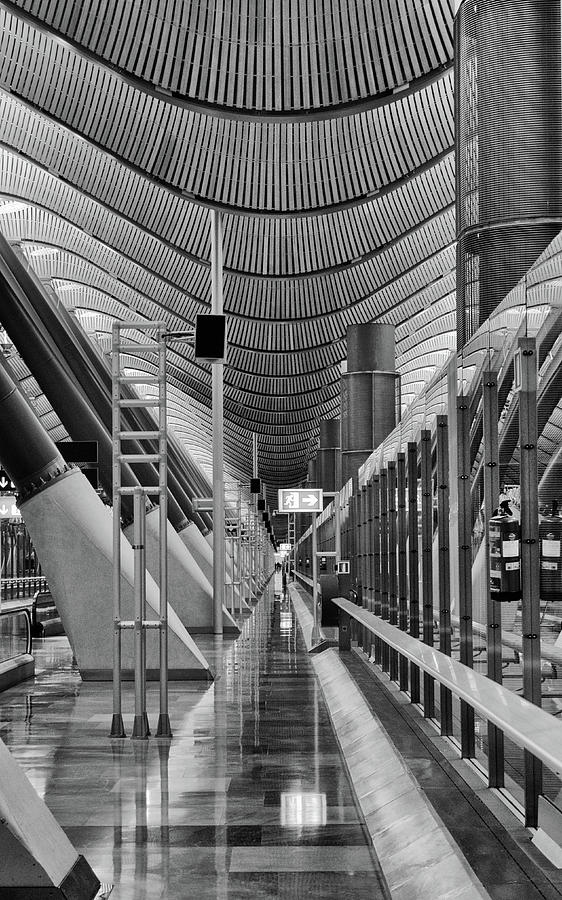 Vanishing Point at Empty Madrid Barajas Adolfo Suarez Airport Spain Black and White Photograph by Shawn OBrien