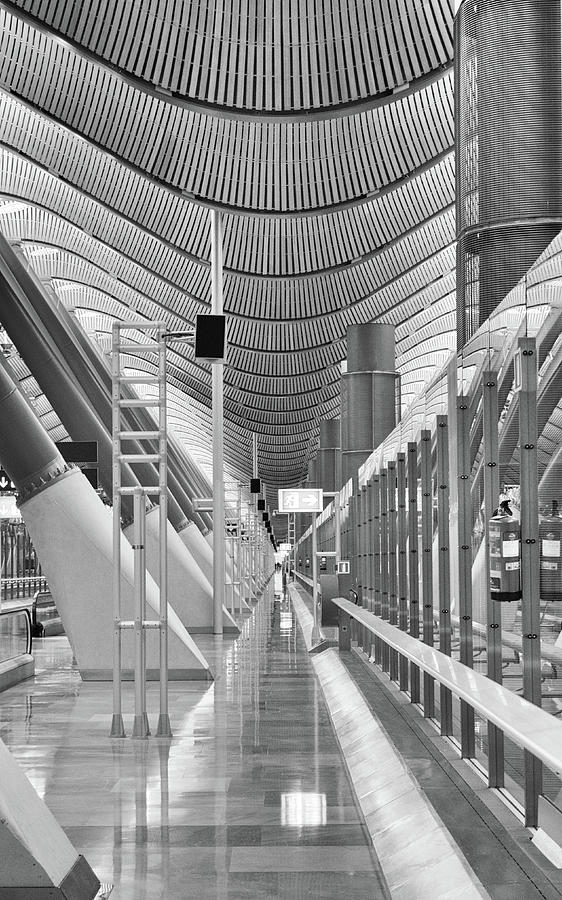 Vanishing Point at Empty Madrid Barajas Adolfo Suarez Airport Spain High Key Black and White Photograph by Shawn OBrien