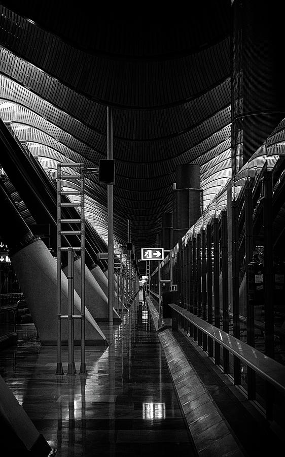 Vanishing Point at Empty Madrid Barajas Adolfo Suarez Airport Spain Noir Black and White Photograph by Shawn OBrien