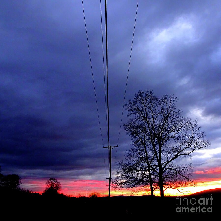 Vanishing Sunset Illuminates road power lines SQ Photograph by GJ Glorijean
