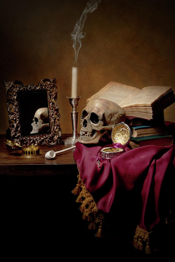 Vanitas - Skull-Mirror-Books and Candlestick Photograph by Levin Rodriguez