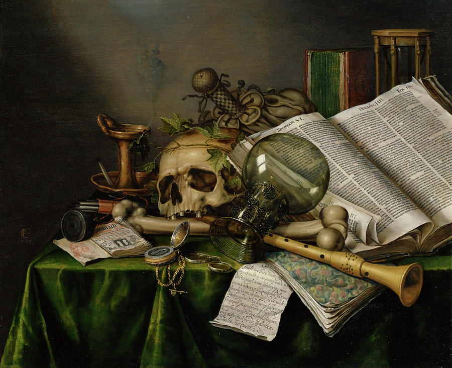 Skull Painting - Vanitas Still Life with Books, Manuscripts and a Skull by Lagra Art