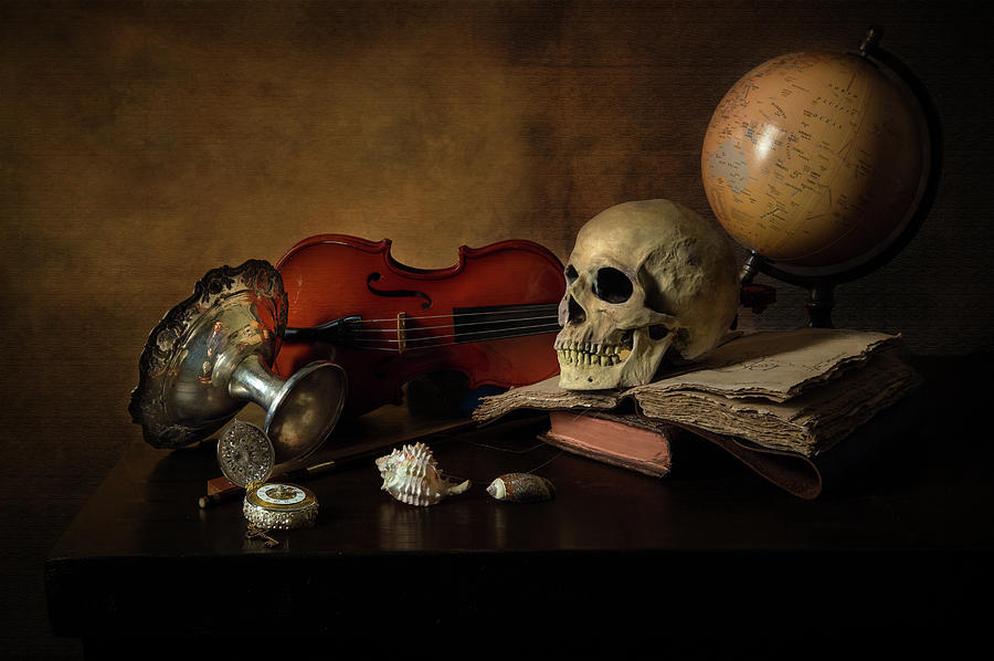 Vanitas - Violin Skull Globe and Watch Photograph by Levin Rodriguez