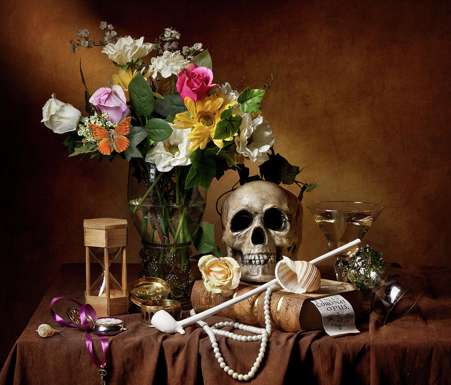 Vanitas with Flowers Bouquet-Skull-Hourglass-Clay Pipe and Glassware Photograph by Levin Rodriguez
