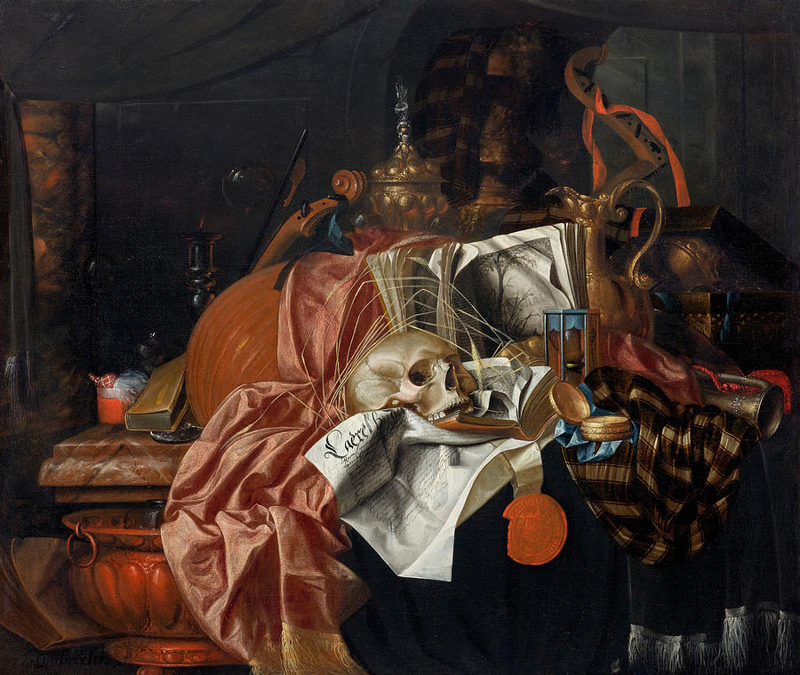 Vanitas With Musical Instruments Fine Vessels Books An Extinguished Candle A Skull And Ears 0393