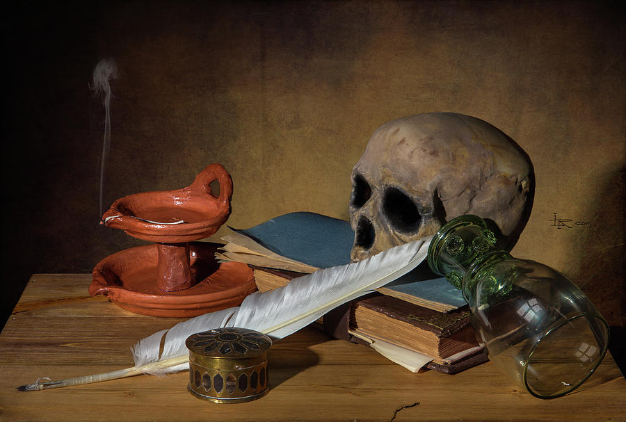 Vanitas with Snuffed Oil Lamp and Writing Utensils Photograph by Levin Rodriguez