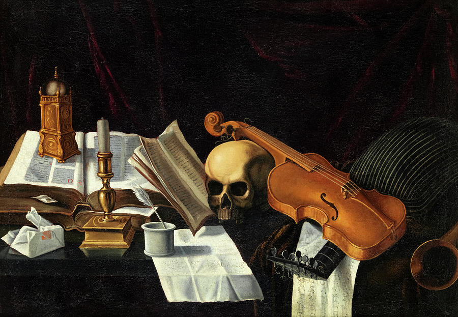 Reproductions D'art De Musée Une vanitas vit toujours avec un violon, un  magnétophone et une partition de musique sur une table en marbre de Edwaert  Collier (1642-1708)