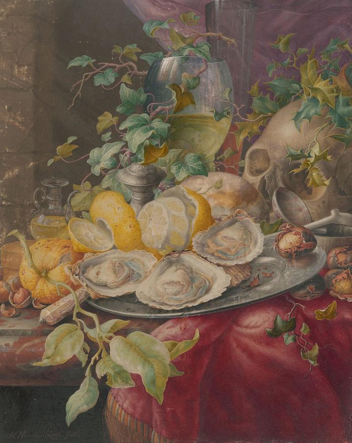 Still Life Painting - Vanitasstilleven met oesters en schedel  by Herman Henstenburgh Dutch