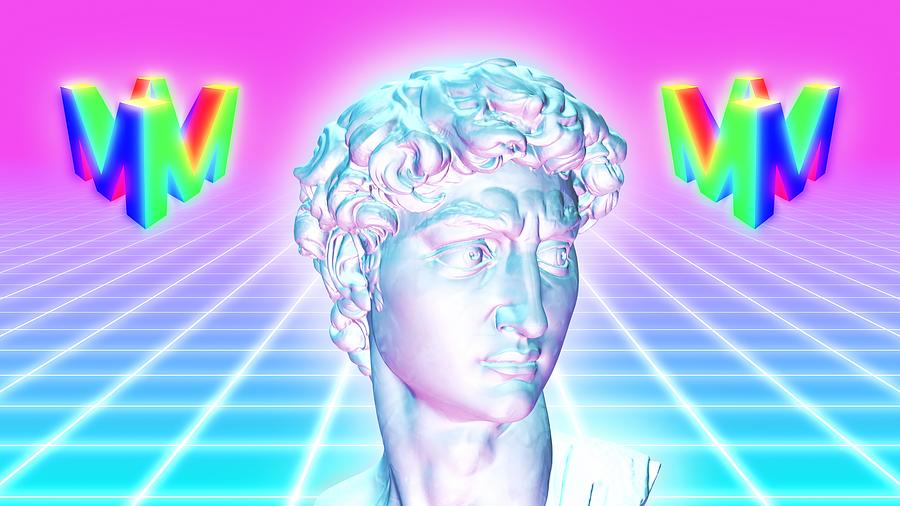 Vaporwave Aesthetic Statue on 80s Neon Glow Grid with Spinning Logo ...