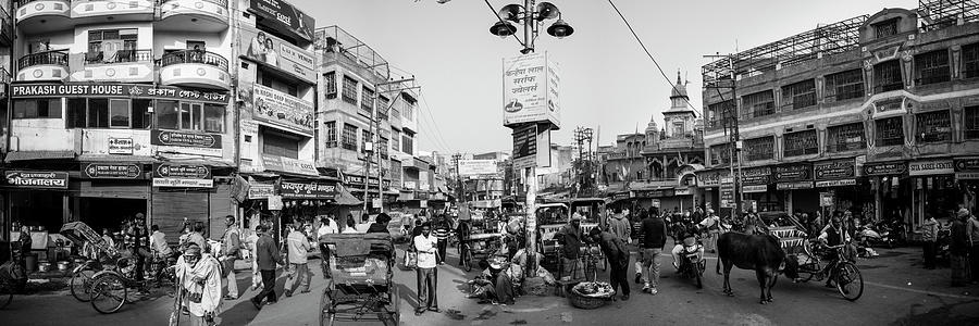 Varanasi street scene india Black and white Photograph by Sonny Ryse
