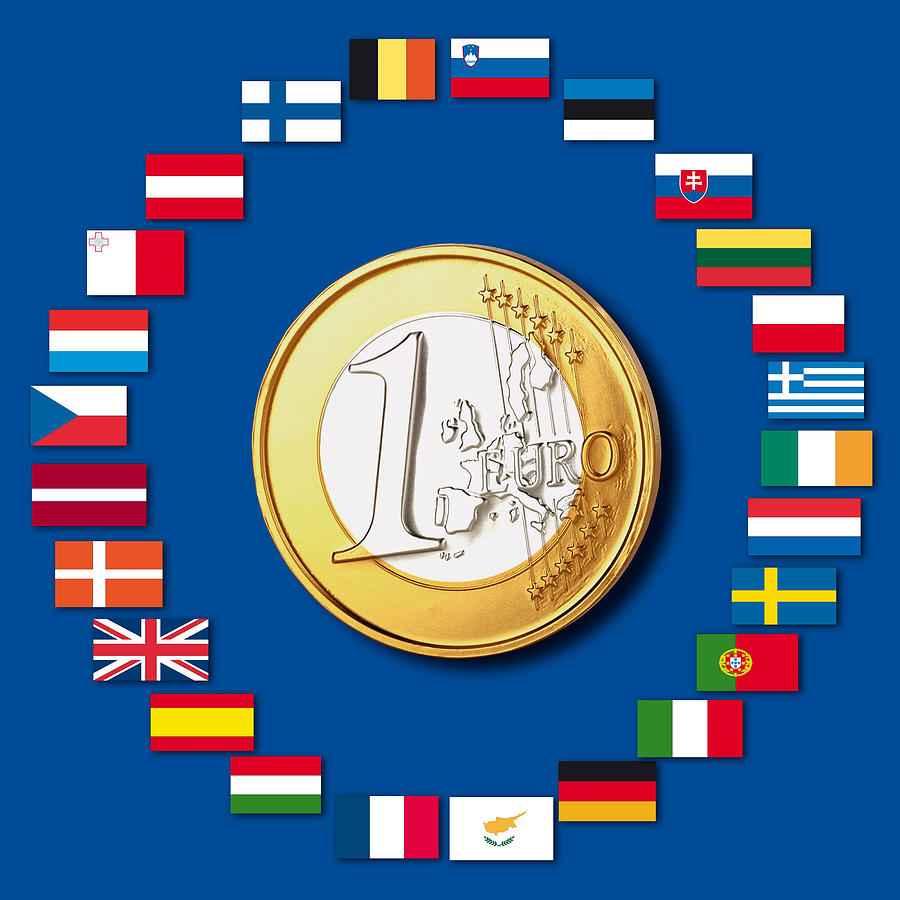 Variety of european flags around one euro coin, close up Photograph by Tuned_In