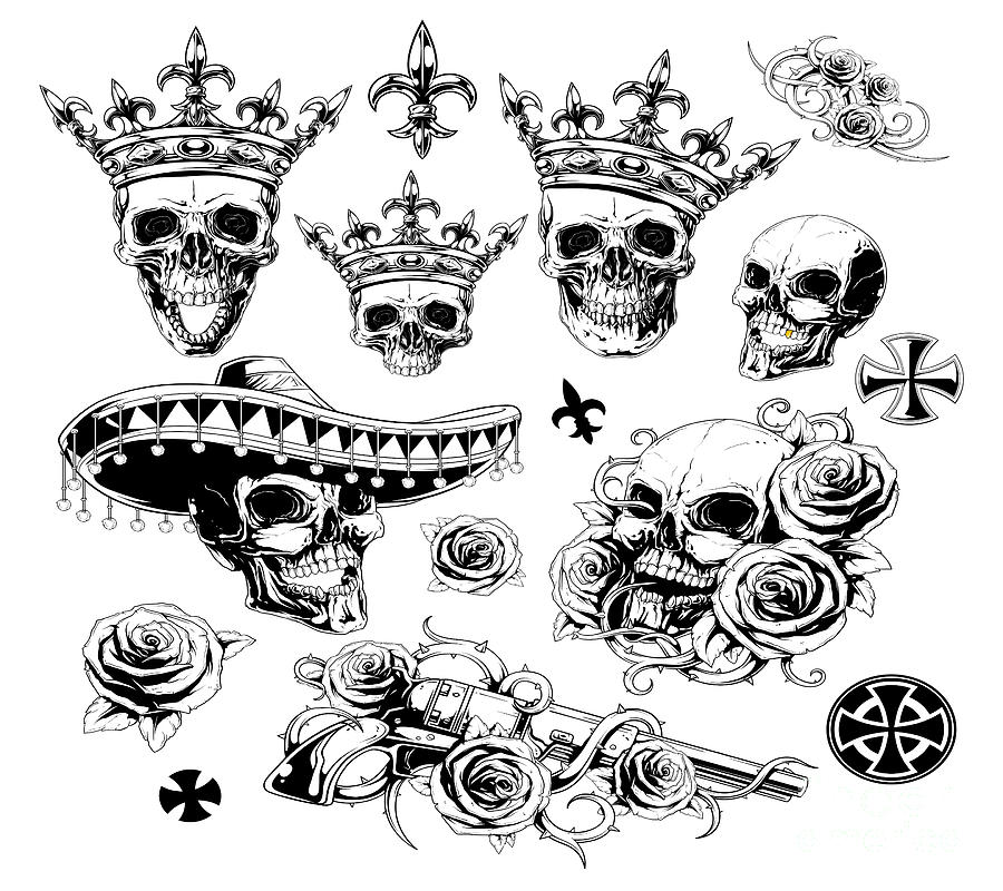 drawings of crowns and skulls