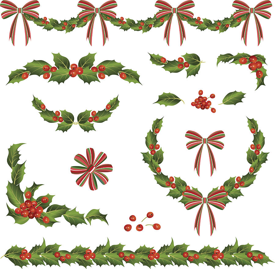 Various Retro Holly and Ribbons Swag,Corner Elements Drawing by Diane Labombarbe