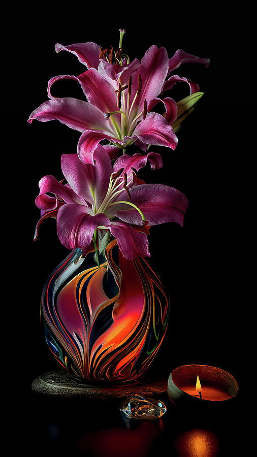 Vase For Pink Lilies Mixed Media