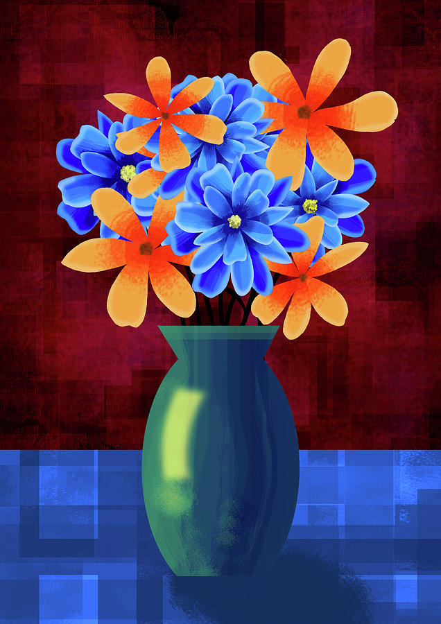 Valentines Day Mixed Media - Vase of Blue and Orange Flowers by Andrew Hitchen