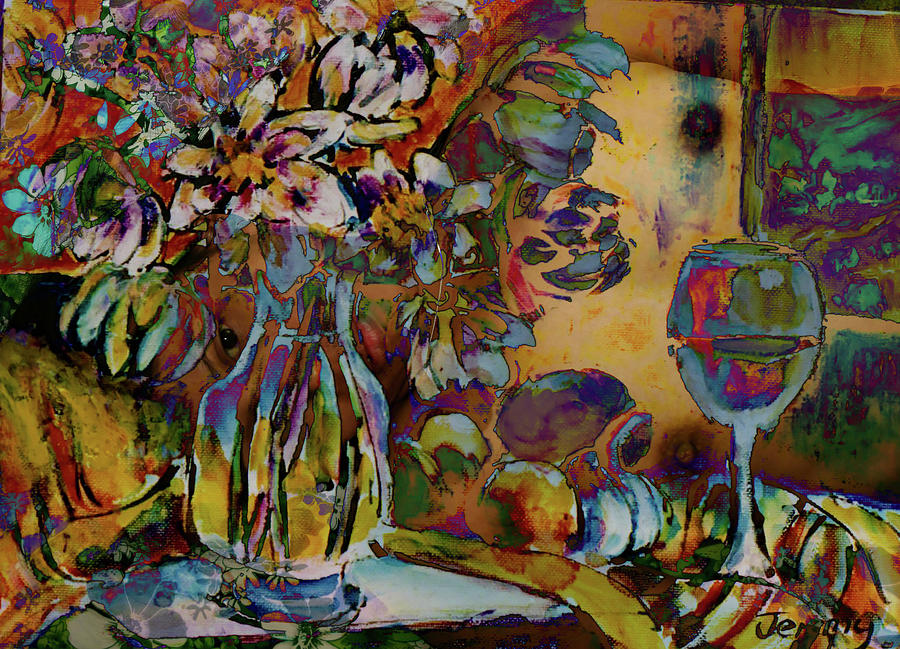 Vase of flowers and glass of wine with lips, eye and nipples Digital Art by Jeremy Holton