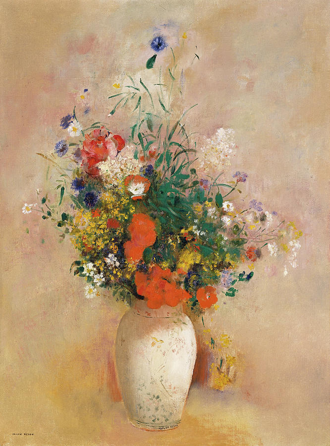 Vase of Flowers - Pink Background, circa 1906, circa 1906 Painting by Odilon Redon