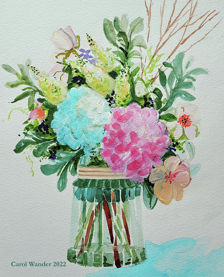 Vase of Hydrangeas and Willow Painting by Carol Wander