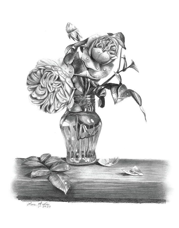 Vase of Roses Drawing Drawing by Lena Auxier