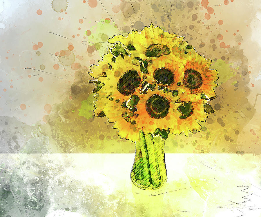 Elf Mixed Media - Vase of Sunflowers by Pheasant Run Gallery