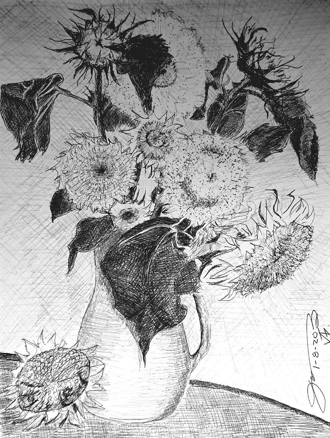 Vase With 10 Sunflowers Drawing