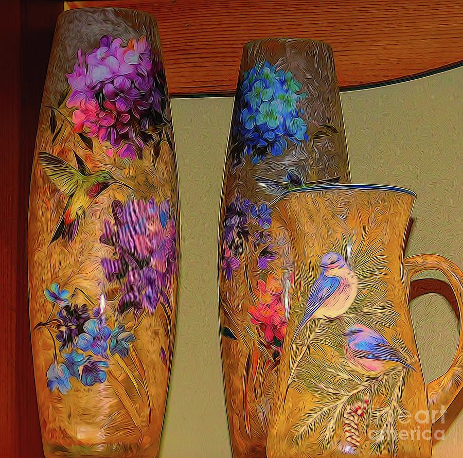 Vases Covered with Birds and Flowers Abstract Effect Photograph by Rose Santuci-Sofranko