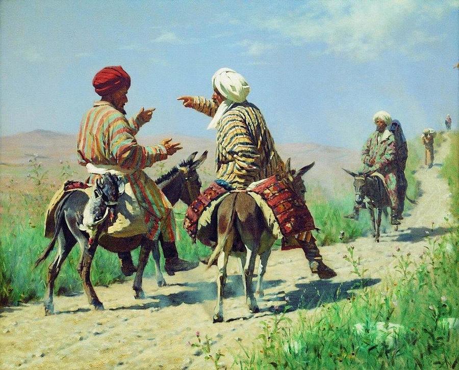 Vintage Painting - Vasily Vereshchagin - Mullah Rahim and Mullah Kerim on his way to the bazaar are quarreling by Les Classics