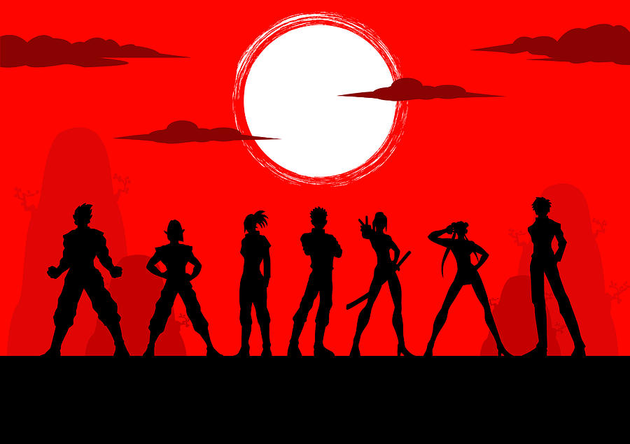 Vector Anime Manga Characters Team Silhouette Drawing by Yogysic