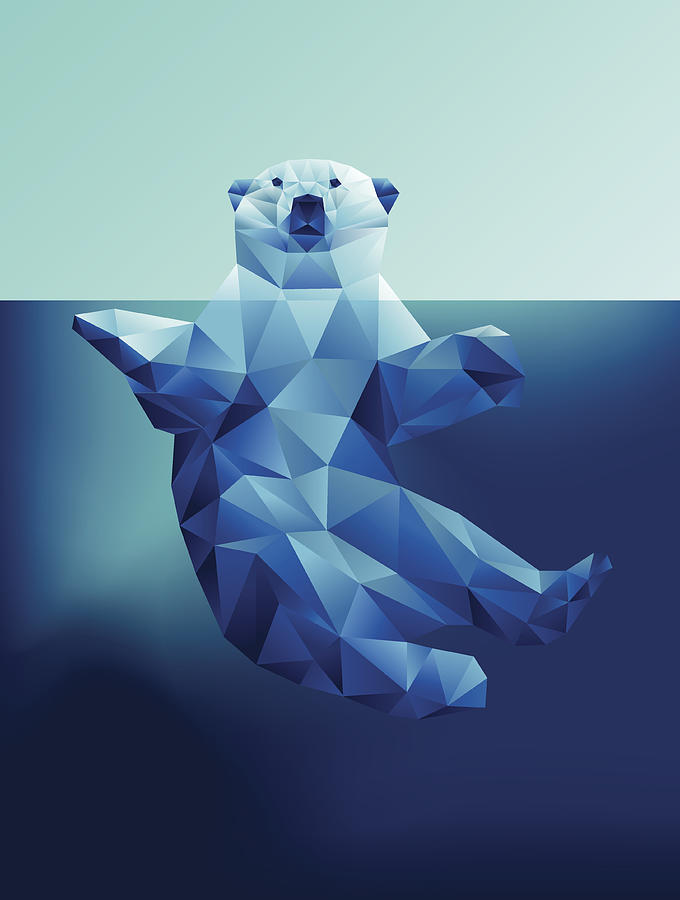 Vector floating polar bear in blue waters polygon geometric Drawing by Christys66