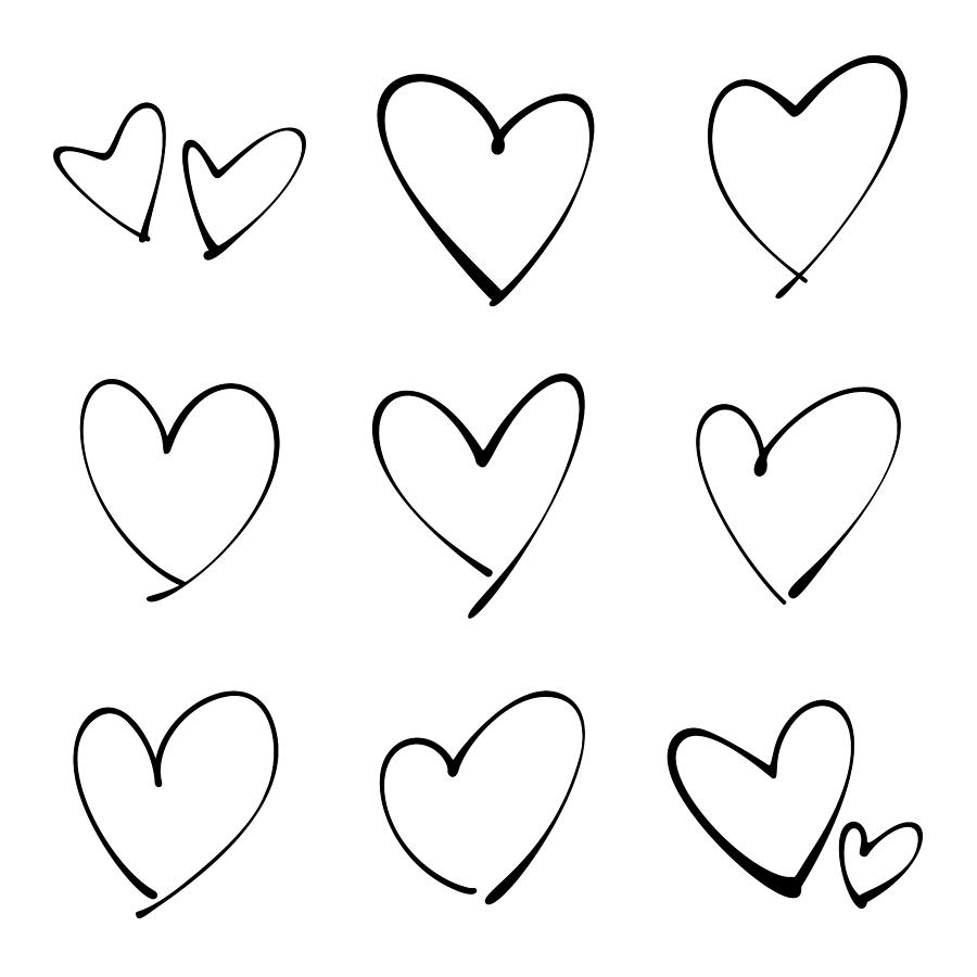 Vector hand-drawn childlike doodle heart icon set. Black stroke on white background. Drawing by Dimitris66