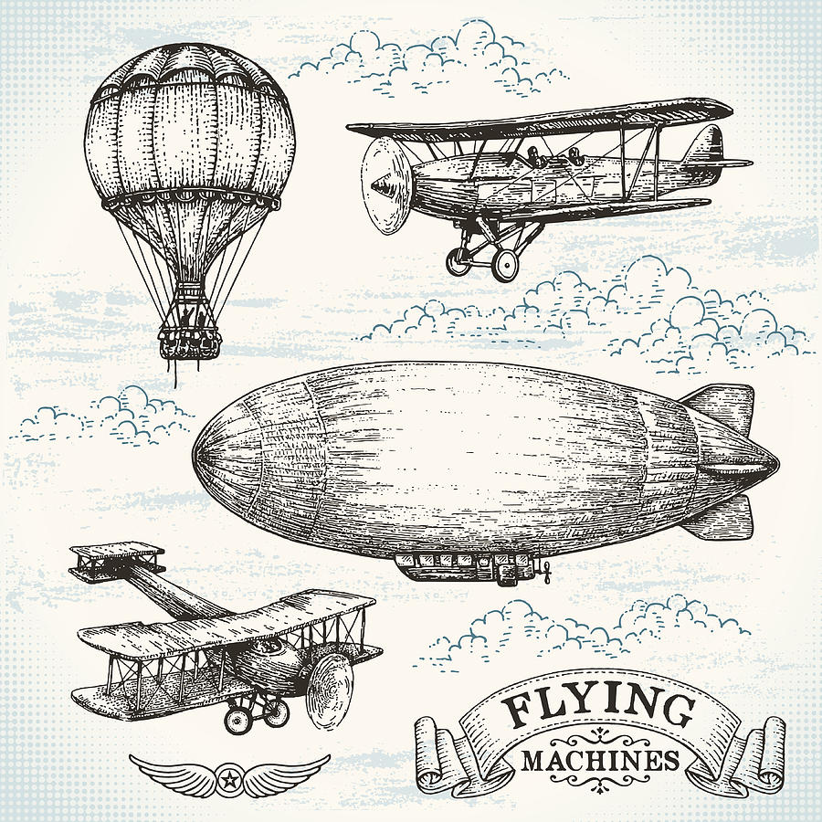 Vector hand-drawn vintage flying machines Drawing by Mishkom