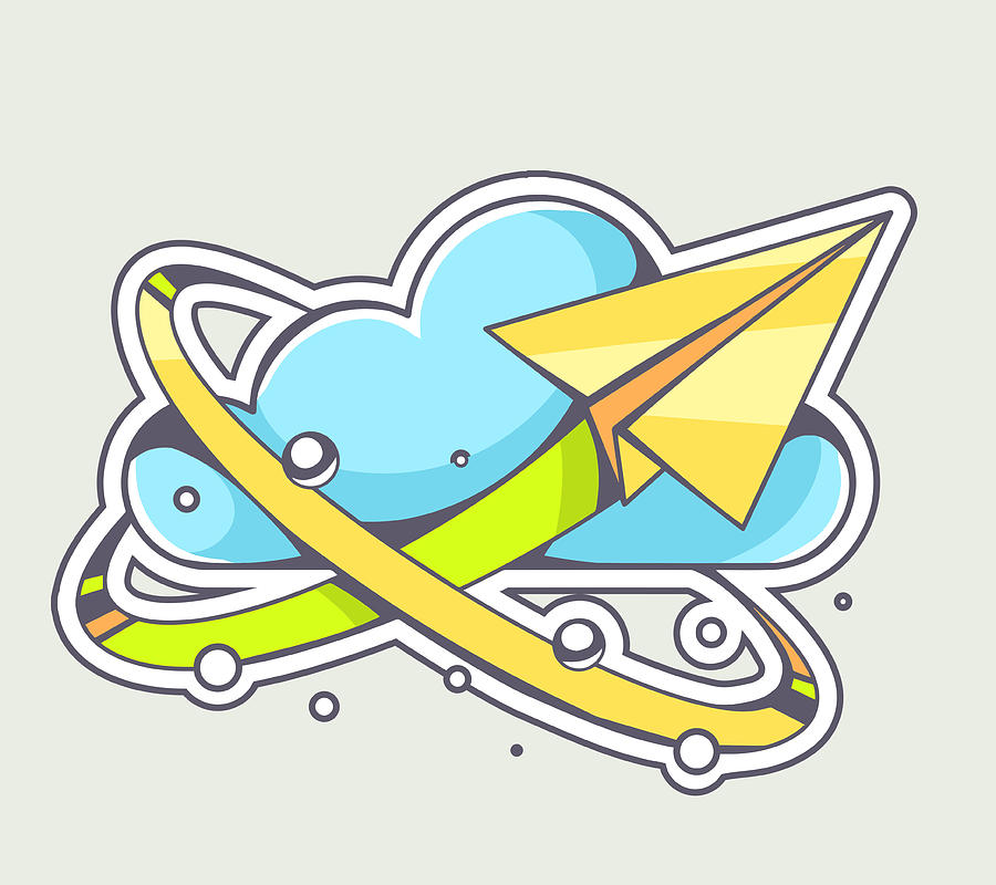Vector illustration of yellow paper plane flying around cloud Drawing by Wowomnom