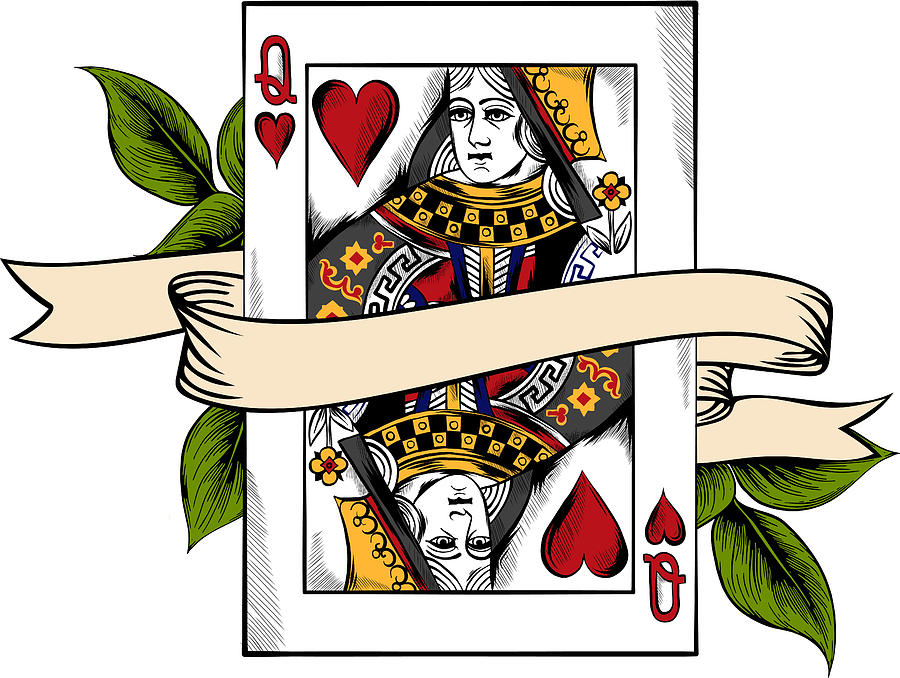 vector illustration playing card, Queen of heart with ribbon Digital