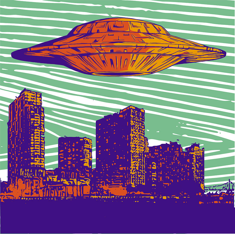 vector illustration UFO with Light Flying Over City at Night Digital ...